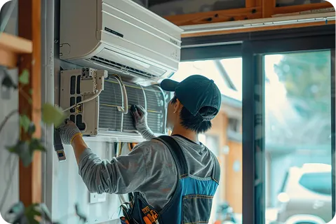 Technician servicing a wall-mounted aircon unit